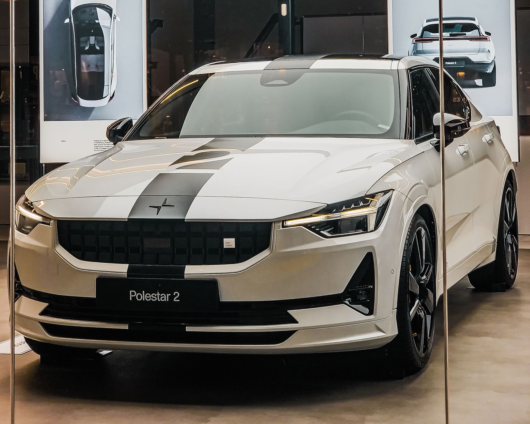 White Polestar 2 in a showroom